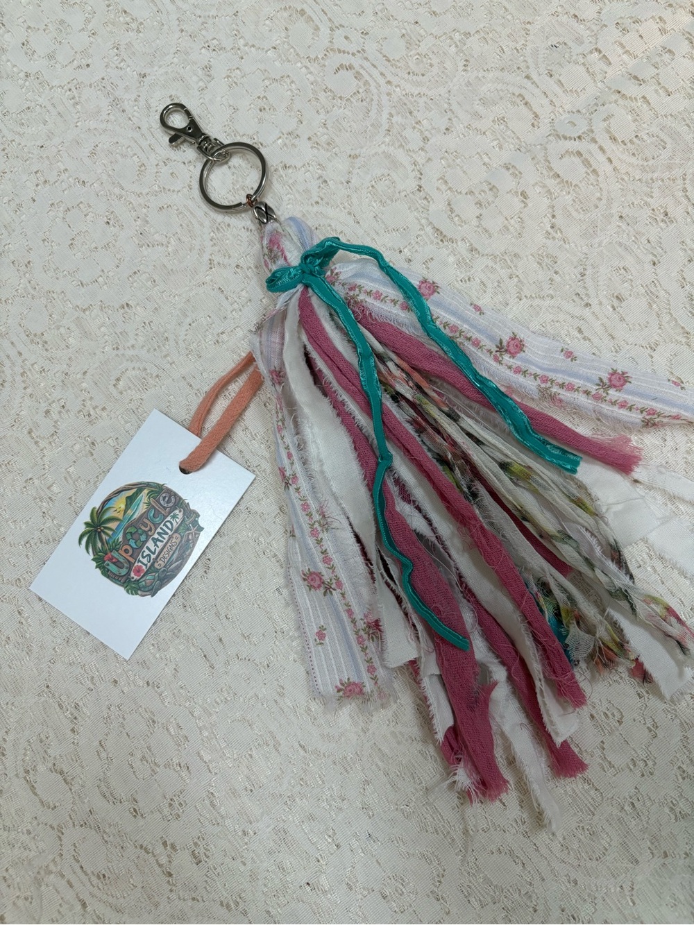 Boho Fabric Tassel Key or purse charm in Pink, White & Teal